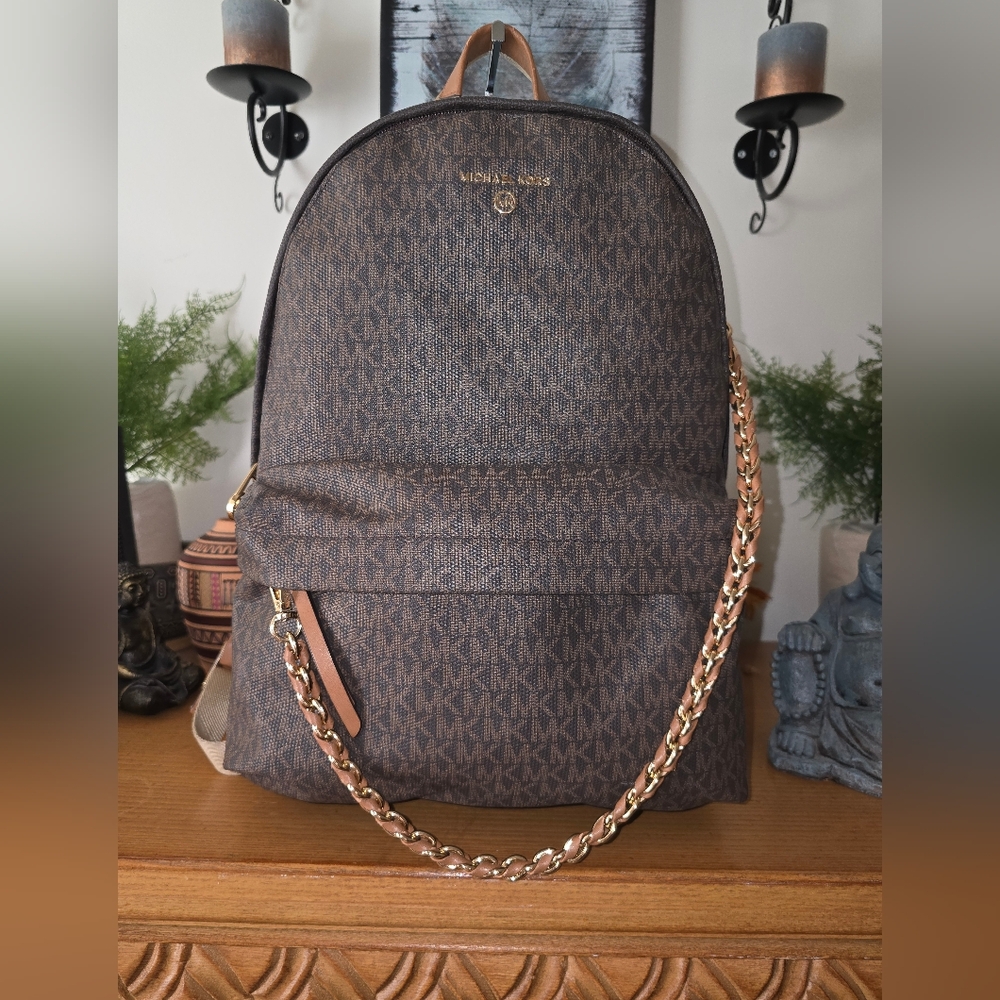Michael Kors Brown Logo MK Chain-Accent Backpack
